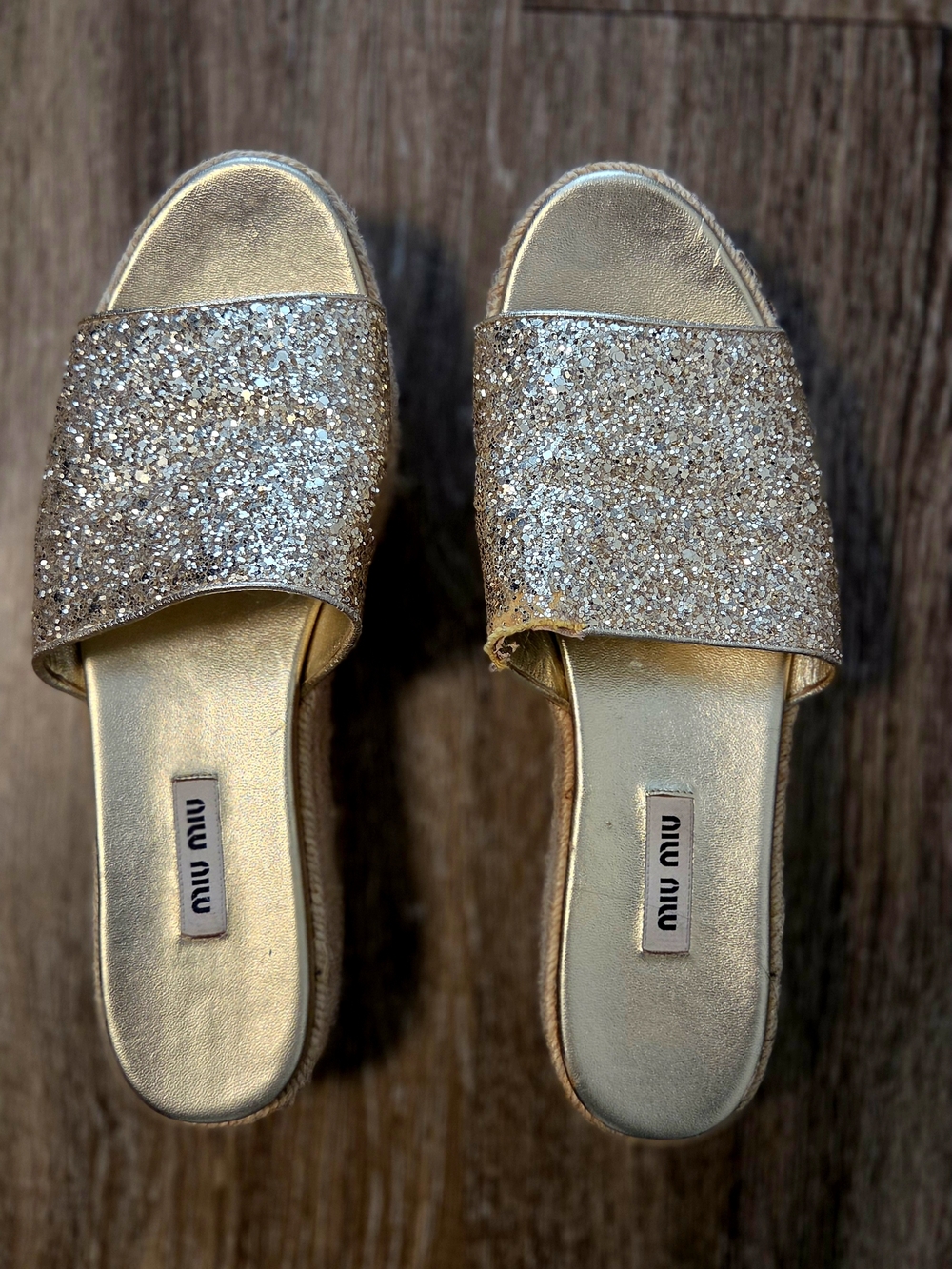 Miu Miu Platform Gold Glitter Platform Slides, Size 39.